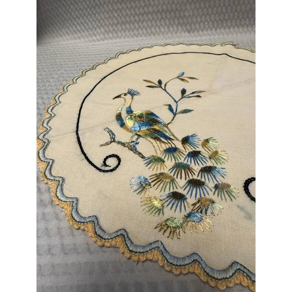 Vintage 12 in Linen Doily Blue Green Embroidered Peacock Handmade 1930-1950